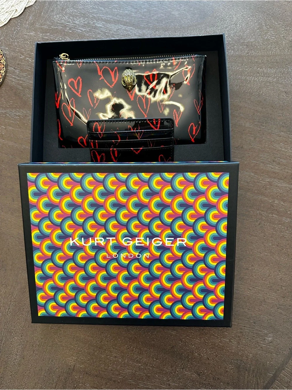 Kurt Geiger Black Patent Pouch and Cardholder Set with Red Hearts